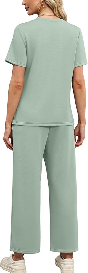 WIHOLL Two Piece Sets for Women Summer Travel Vacation Outfits Short Sleeve Lounge Sets Side Slit Wide Leg Pants S-3XL
