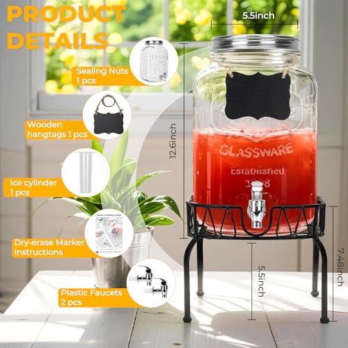 Glass Beverage Dispenser with Stand and Lid, One Pack-2 Gallon with Spigot - Glass Drink Dispensers for Parties, Wedding, ...