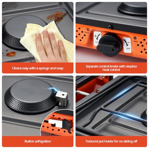 Odoland Portable 2 Burner Camping Stove Propane 17000 BTU/h Gas Stove Collapsible Backpacking Stove for Indoor Outdoor Coo...