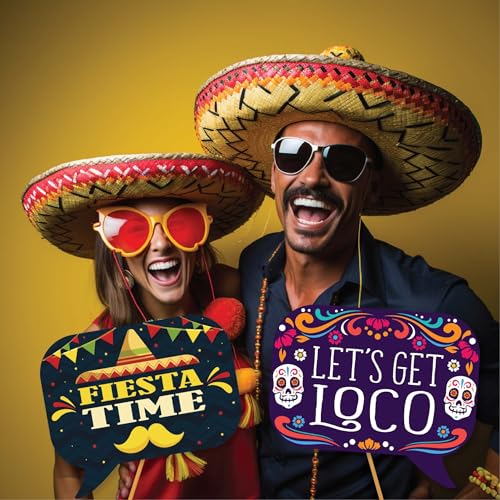 Fiesta Photo Booth Props - 41-pc Photobooth Kit with 8 x 10-Inch Sign, 60 Adhesive Pads, 45 Sticks - Mexican Photo Prop - ...
