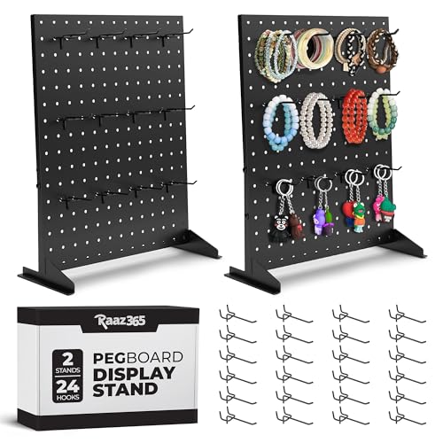 Raaz365 Pegboard Display Stand with 24 Hooks and 2 Stands for Craft Shows, Tabletop Jewelry Organizer Rack for Vendors, Ke...