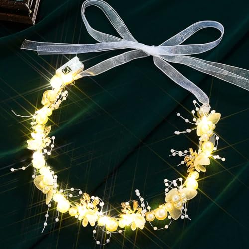 Zehope Light Up Flower Headbands LED Princess Pearl Floral Wreath Headpiece Bridal Wedding Garlands Hair Accessories for W...