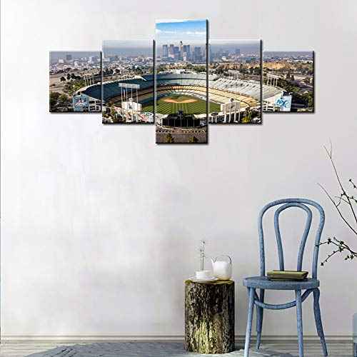 Los Angeles, California - The Famous Dodger Stadium with Downtown LA in the Background Pictures for Living Room 5 Piece Canvas Wall Art Modern Artwork Home Decor Stretched Ready to Hang - 50''Wx24''H