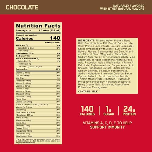Optimum Nutrition Gold Standard Protein Shake, 24g Protein, Ready to Drink Protein Drinks, Chocolate, 11 Fl Oz, 12 Count (...