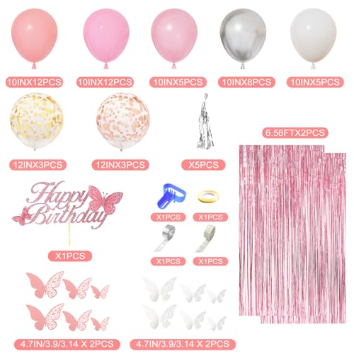 Amandir Pink Birthday Decorations for Women Girls, Silver Pink Confetti Foil Balloons Happy Birthday Banner Butterfly Frin...