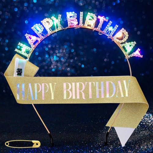Aceorna Light Up Birthday Headband LED Gold Rhinestone Happy Birthday Crown and Sash Glitter Accessory Set for Women
