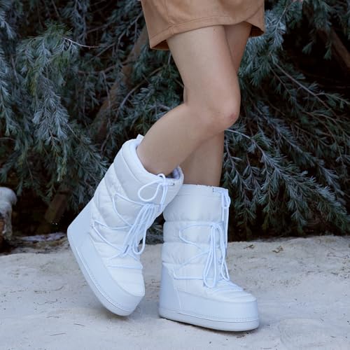 QLR Womens Winter Snow Boots Mid Calf Anti-Slip Boots with Warm Lining Lace-up Outdoor Shoes