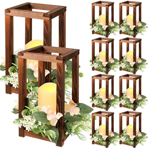 Hushee 30 Pcs Wooden Wedding Lantern Centerpiece Integrated Holders with Candles and Wreaths Rustic Wooden Candle Lantern ...