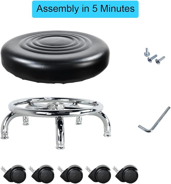 WKWKER Modern Roller Seat PU Leather Foot Stool Low Round Rolling Stool 360° Step Stool Swivel Small Seat with Universal Wheels for Home Office Garage Shop Fitness Sport H：8.4" （Black）