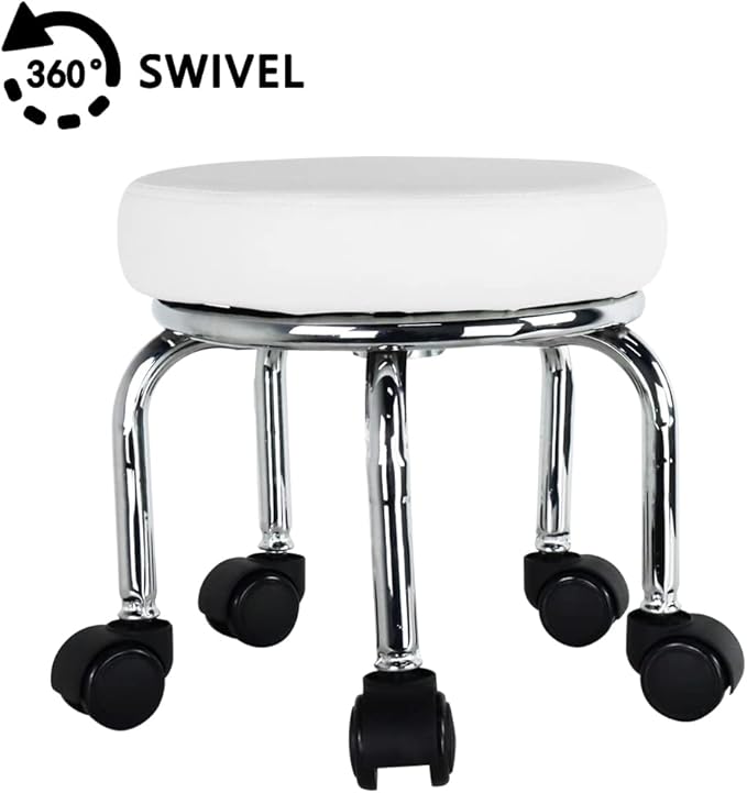 WKWKER Modern Roller Seat PU Leather Low Round Rolling Stool 360° Swivel Small Low Seat with Universal Caster Wheels Foot Stool for Home Office Garage Shop Fitness Sport H：12.4" （White）