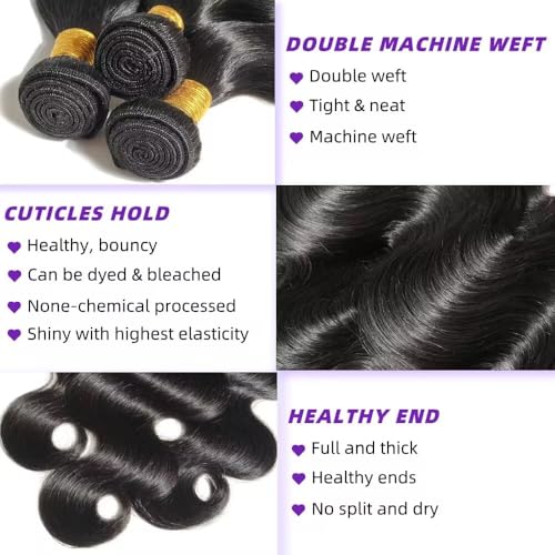 12A Human Hair Bundles 16 18 20 Inch Body Wave Bundles Human Hair 100% Unprocessed Brazilian Virgin Weave 3 Bundle for Women Natural Black Wet and Wavy Human Hair Extensions