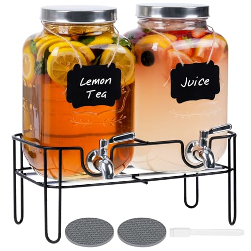 Moretoes Glass Drinks Dispenser for Parties, 2 PACK 1 Gallon Beverage Dispenser with Stand for Juice and Iced Tea, Water J...