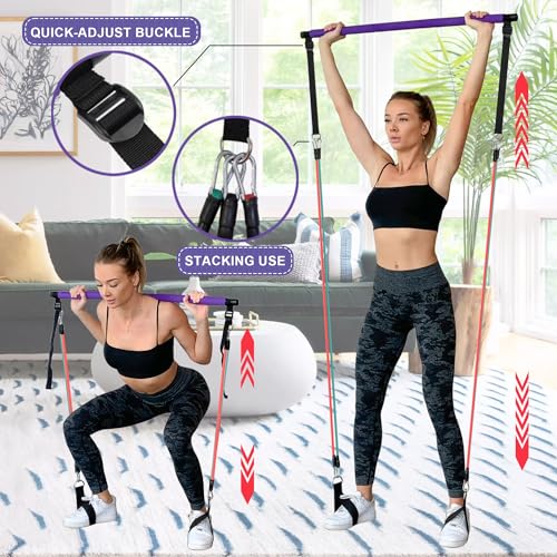 Goocrun Portable Pilates Bar Kit with Resistance Bands for Men and Women - 3 Set Exercise Resistance Bands - Multifunction...