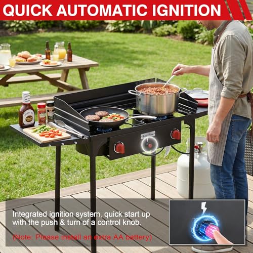Bestfire 2 Burner Camping Stove with Windpanel& Side Shelves, Bag, Auto Ignition Button,Regulator,150,000 BTU Camping Stov...
