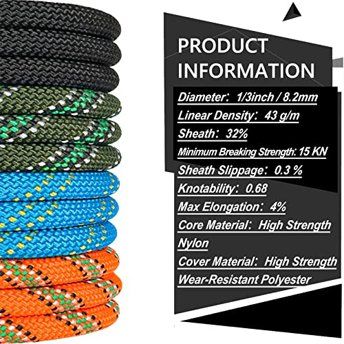 NTR Orange/Black/Blue/Green Climbing Rope 10M(32ft) 20M(64ft) 30M(96ft) 50M(160ft), 8MM Static Rock Climbing Rope with 2 S...