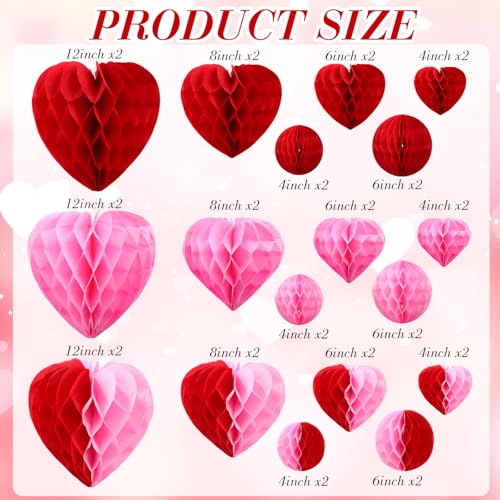 Yexiya 36 Pcs Valentine Heart Honeycomb Decorations Pom Poms Honeycomb Ball Paper Decorations Heart Tissue Paper for Valen...