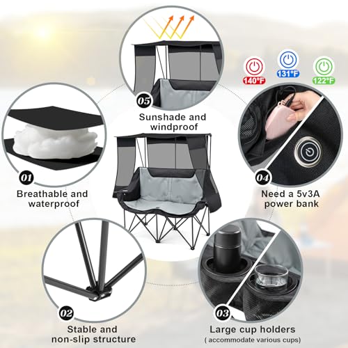 Heated Double Camping Chair with Canopy for Adult, Oversized 660lbs Folding Chair with Padded, 4 Heating Zones and 3 Heat ...