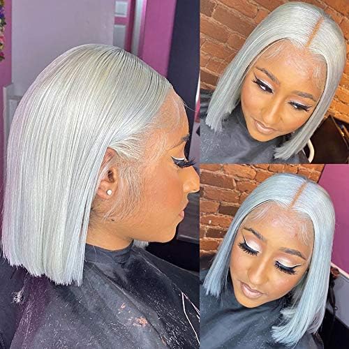 14 Inch Grey Bob Wig Human Hair Pre Plucked Long Straight 13x4 Hd Transparent Lace Frontal Bob Wigs for Black Women 180% Density Silver Grey Glueless Blunt Cut Bob Wig with Baby Hair 180% Density