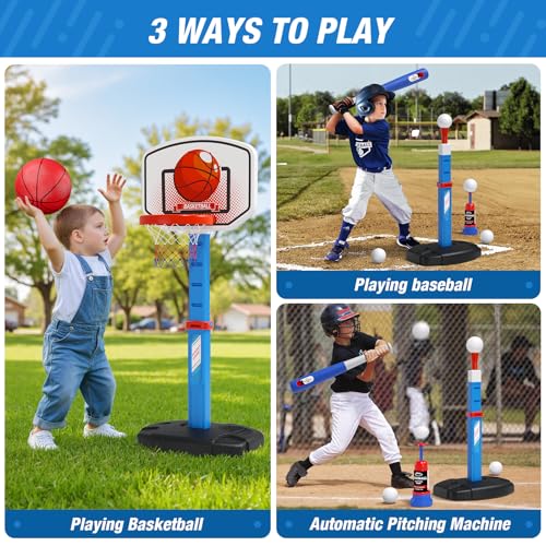 HYES 2 in 1 Kids Basketball Hoop and T Ball Set - Adjustable Height, Kids Baseball Tee with Automatic Pitching Machine, In...