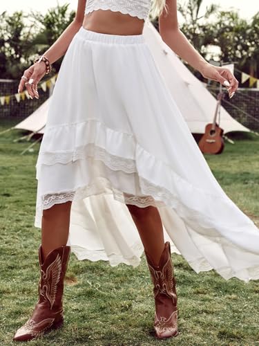Verdusa Women's Western Boho Lace Ruffle Skirt Asymmetrical Country Cowgirl Skirts