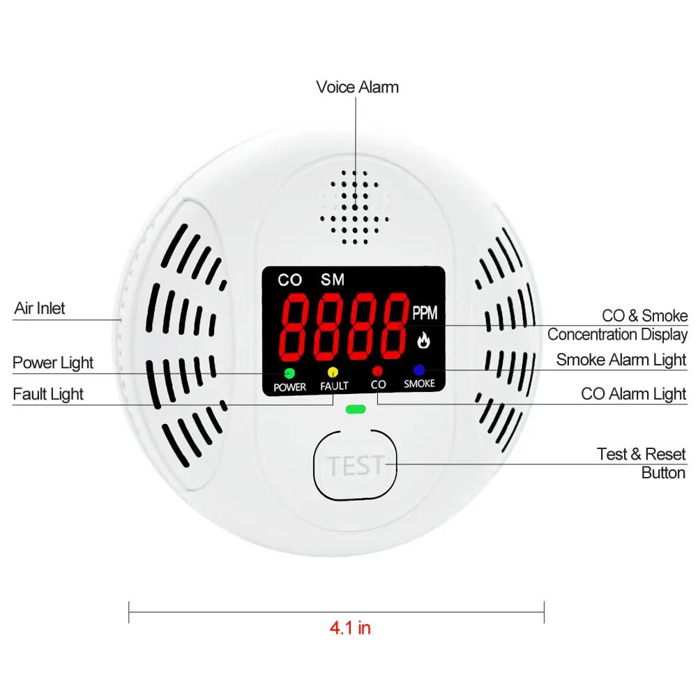Carbon Monoxide Detector and Smoke Alarm Combined with AA Battery Powered high-Definition Color Screen Detector LCD Digital Display for Home Office Kitchen Hotel Bedroom Voice Alarm 2PACK