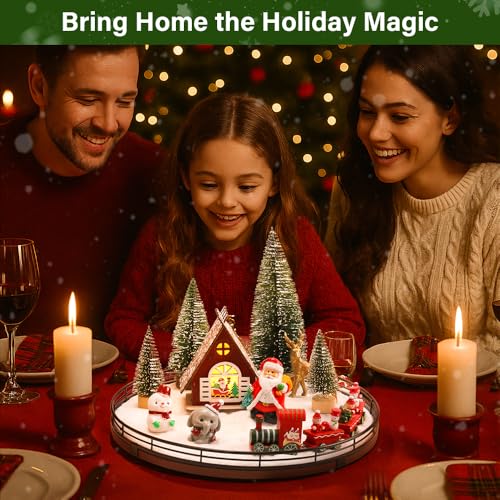 AMH 12 PCS Christmas Table Decorations Set with Oak Rotating Base – Xmas Town Village Centerpiece with Santa, Train, Hous...