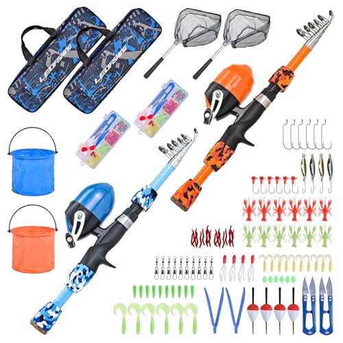LEOFISHING 2 Set Kids Fishing Pole Set with Full Starter Kits Portable Telescopic Fishing Rod and Reel Cambos with All The...