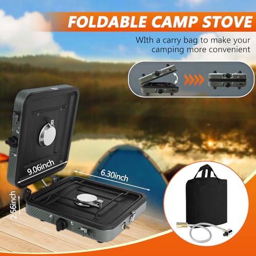 Julymoda 2 Burner Propane Camping Stove with Grill and Carrying Bag, Portable Folding Camp Stove with 17,000 BTU Adjustabl...