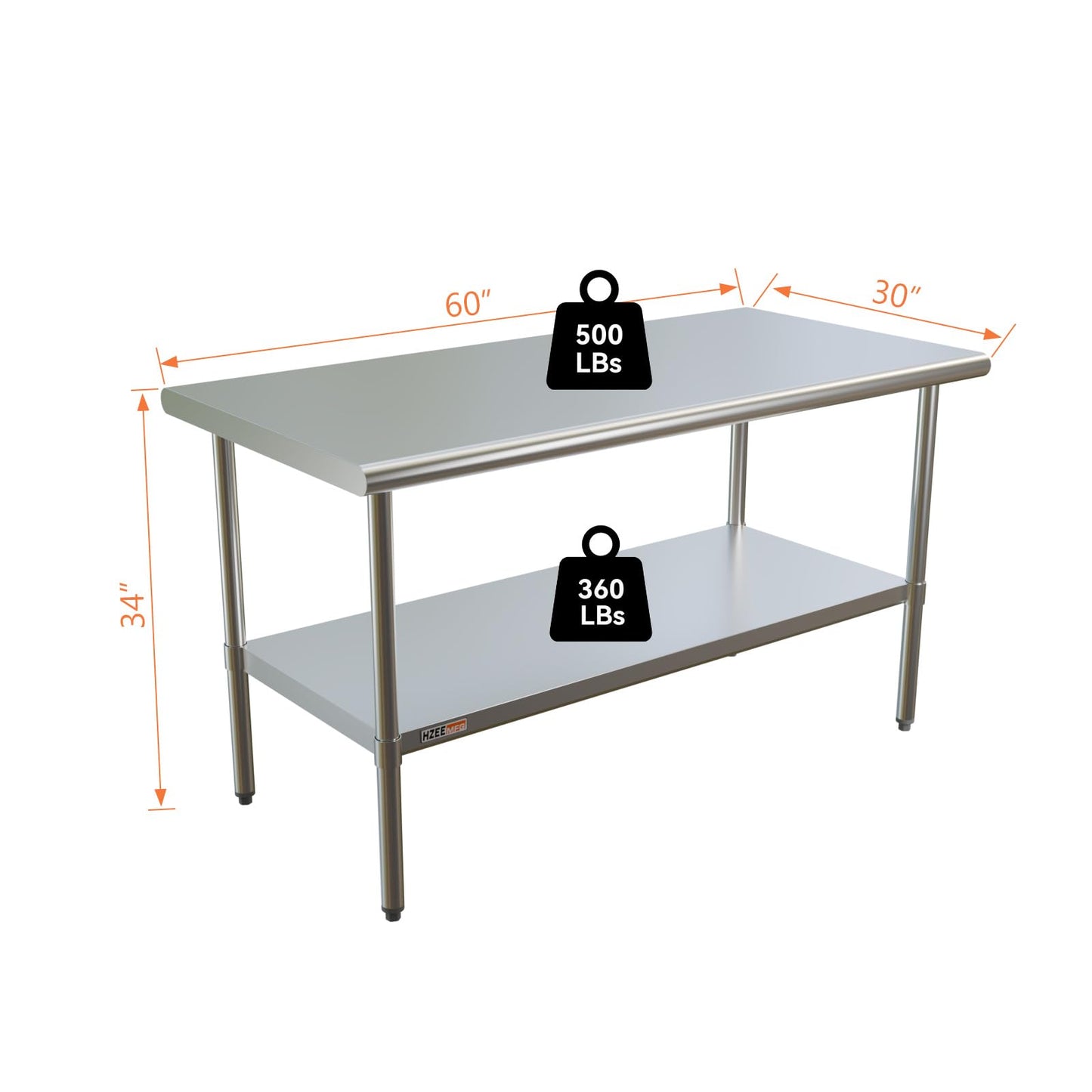 HZEEMFG Stainless Steel Table for Prep & Work 30x60 inch, 5ft, Commercial Heavy Duty Table with Undershelf for Restaurant, Home, Hotel, Laundry Room,Garage,Workshops