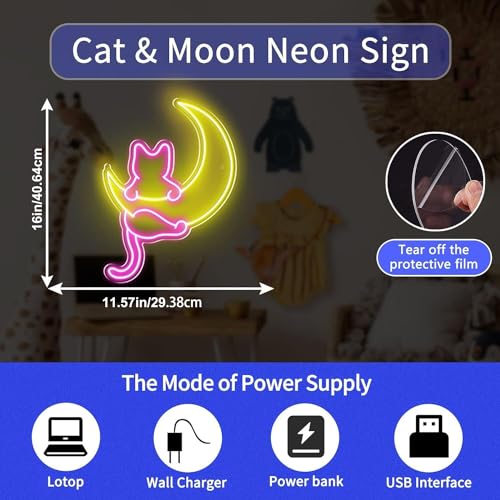 Anime Cat & Moon Neon Sign, Personalized Neon Signs for Wall Decor, LED Night Lights Home Decor Lights Backdrop LED Light ...