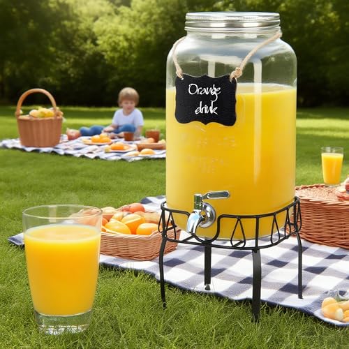 Glass Drink Dispensers for Parties, Beverage Dispenser with Stand, Ice Cylinder and Stainless Steel Spigot 100% Leakproof,...