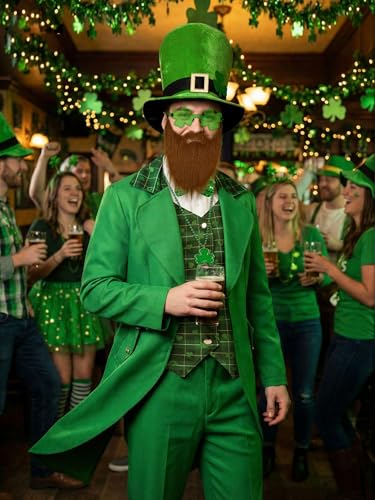 SOMSOC 9 Pieces Men St Patrick's Day Costumes Set Adult Irish Suit Outfit with Clover Hat Glasses for St Patrick's Day Party