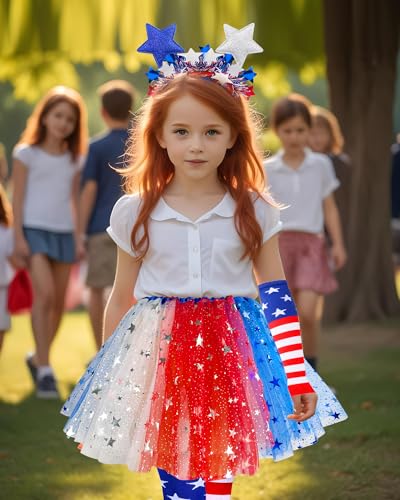 4th of July Tutu Set for Girl 6 to 12 Years Red White and Blue Tutu Patriotic Costume Accessories Independence Day Costume...