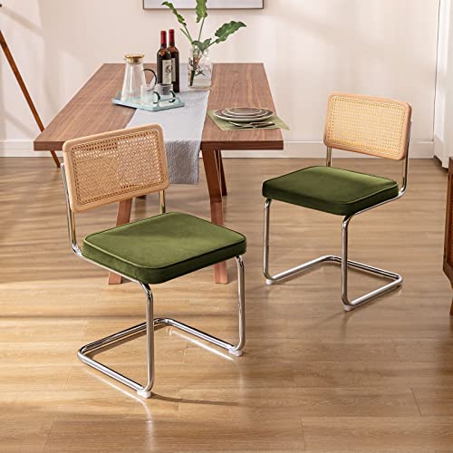 Zesthouse Natural Rattan Dining Chairs Set of 2, Olive Green Modern Kitchen Chairs with Solid Wood Back & Chrome Base, Mid...
