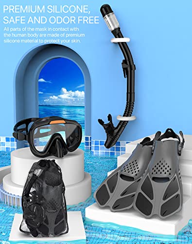 Ubekezele Snorkeling Gear for Adults Men Women,4 in 1 Snorkel Set with Panoramic View Diving Mask Anti-Fog Anti-Leak,Dry T...