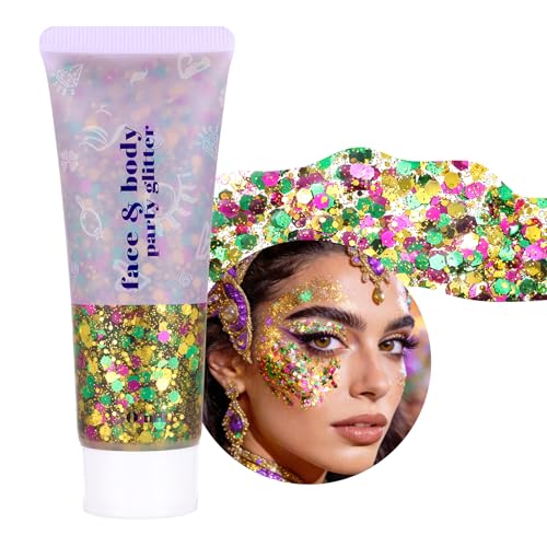 DAGEDA Mardi Gras Body Glitter Gel, Green Gold Purple Face Hair Glitter Carnival Accessories, Chunky Glitters for Mardi Gr...