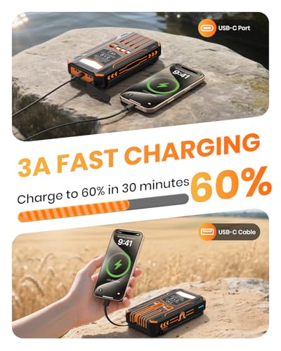 SOARAISE Solar Charger Power Bank - 48000mAh Wireless Portable Charger Built-in 4 Cables and 4 Solar Panels, PD QC 3.0 Fas...