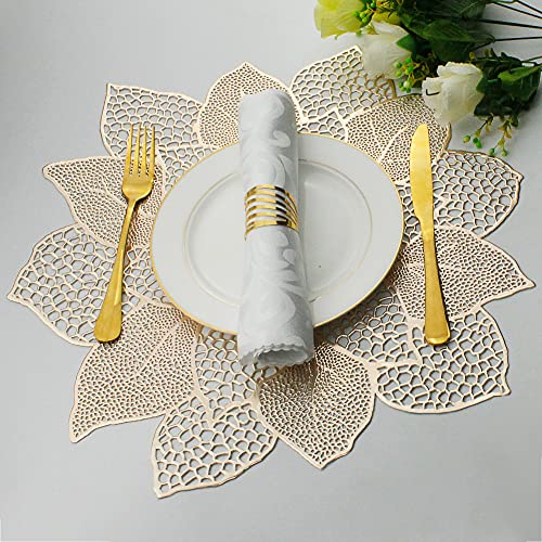 Gold Round Placemats for Dining Table Set of 6 Pressed Vinyl Metallic Table Mats Hollow Out Hibiscus Flower Place Mats for...