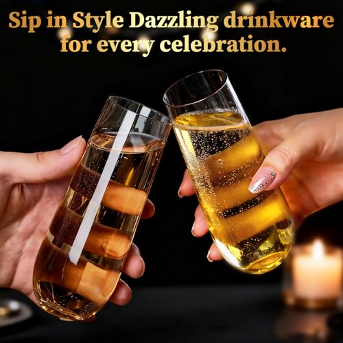 Guanqiao 12 Pack Stemless Plastic Champagne Flutes, 9 oz Clear Disposable Plastic Glasses, Heavy Duty Shatterproof Recycla...