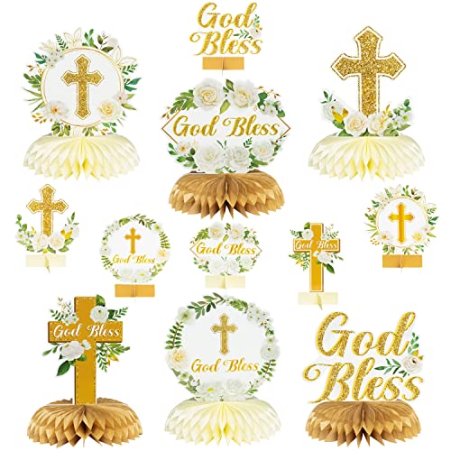 ANGOLIO White Gold Floral Honeycomb Centerpieces - 12Pcs Rose Greenery God Baptism Honeycomb Centerpieces Baby Shower Deco...