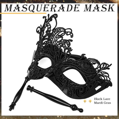 Maeaccx Black Masquerade Mask with Stick Lace Handheld Masks Mardi Gras Cosplay Fashion Shows for Women