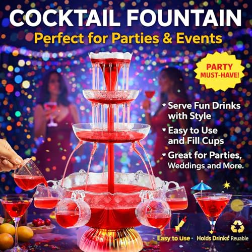 3-Tier Red Cocktail Fountain Drink Machine with LED Base and 5 Cups – Electric Drink Dispenser for Wine and Champagne at W...