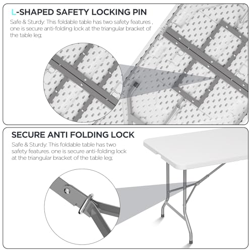 HLPB Folding Table Picnic Table, 8 ft Portable Camping Table with Handle and Safety Locks, Foldable Table Plastic Dining T...