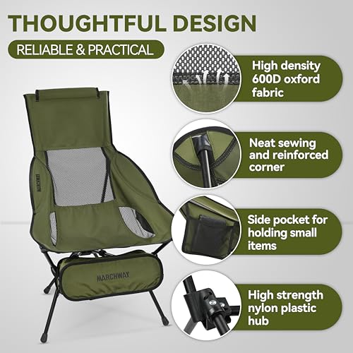 MARCHWAY Lightweight Folding High Back Camping Chair with Head Support, Stable Portable Compact for Outdoor Camp, Travel, ...