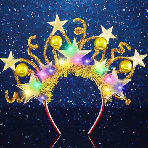 DRESBE Light Up Star Headband Gold New Year LED Stars Crown Headbands NYE Glow Party Hair Accessories for Women