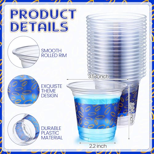 LemonRoad 100 Pcs Blue and Gold Rings Plastic Cup 12oz Clear Disposable Cartoon Cups Cold Beverage Drinking Container for ...
