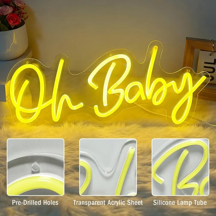 Oh Baby Neon Sign, Dimmable Warm White LED Neon Light for Baby Shower Backdrop, USB Powered Sign for Gender Reveal, Nurser...