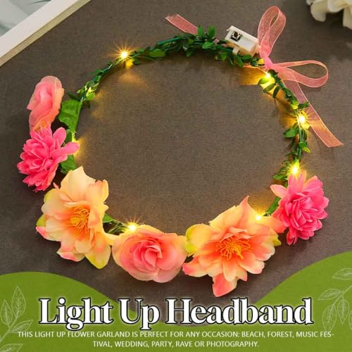 DRESBE Light Up Flower Headbands LED Floral Garland Crown Headband Glowing Party Wreath Hair Accessories for Women (Pink)