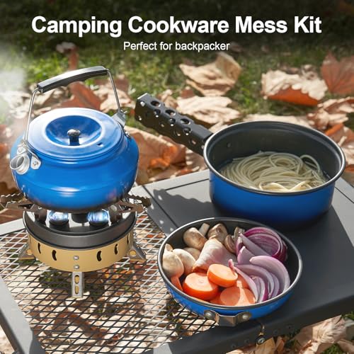 Odoland 5pcs Camping Cookware Non-Stick Camping Pot and Pan Set with Kettle and Removable Handle for Hiking Backpacking an...