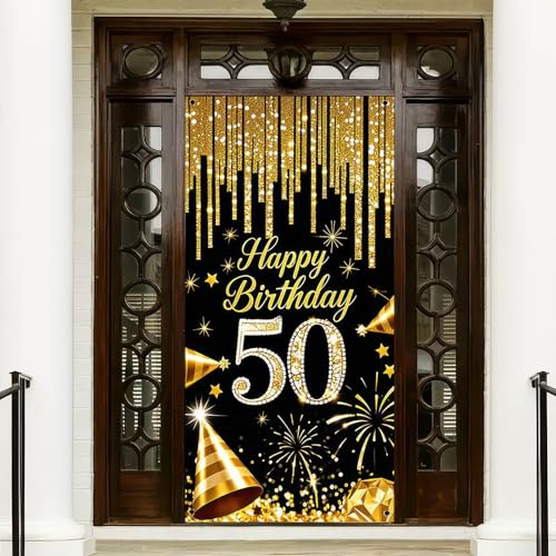 HOMETITUTE 50th Birthday Door Cover 71x35 Inch Black and Gold Birthday Banner for Party Decorations Diamond Number Backdro...